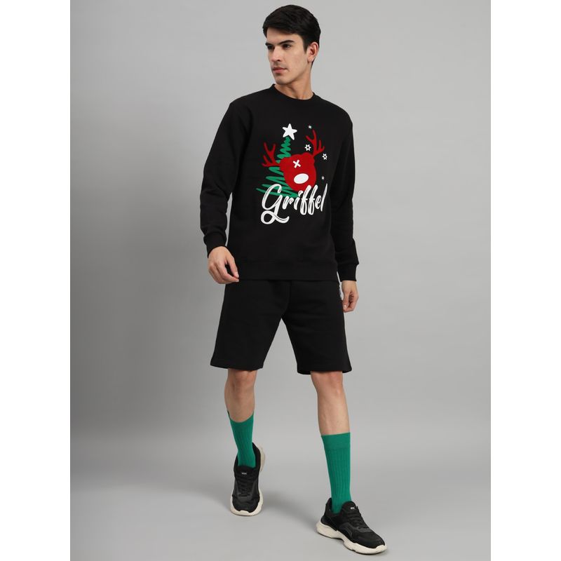 Griffel Men Oversized Black Printed Fleece Round Neck & Shorts (Set of 2) (S)