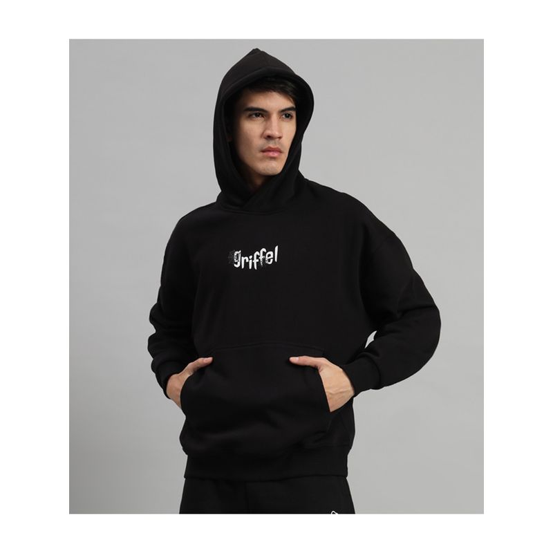 Griffel Mens Black Front Logo Back Spider Print Oversized Fleece Hoodie Sweatshirt (M)