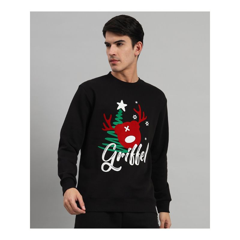 Griffel Mens Black Printed Regular Fit Round Neck Fleece Sweatshirt (2XL)
