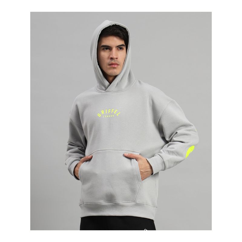 Griffel Mens Steel Grey Front Logo Back Full Print Oversized Fleece Hoodie Sweatshirt (S)