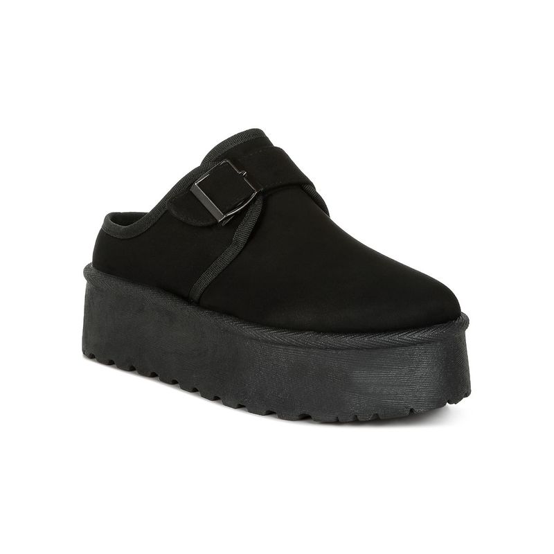 London Rag Black Buckle Strap Fur Flatform Classic Slip-On (UK 8)