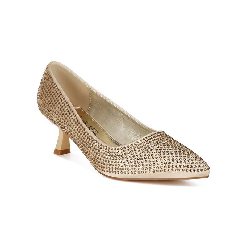 London Rag Gold Rhinestones Embellished Kitten Heel Pumps (UK 4)