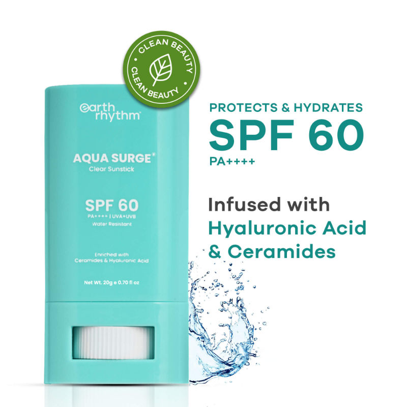Earth Rhythm Aqua Surge Hydrating Sunstick SPF 60 PA++++ Ceramide & Hyaluronic Acid, No white Cast