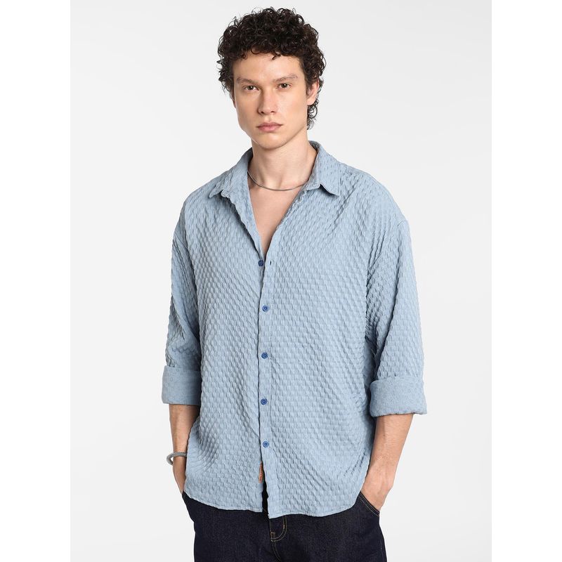 Campus Sutra Men's Cornflower Blue Cubic-Textured Oversized Shirt (L)