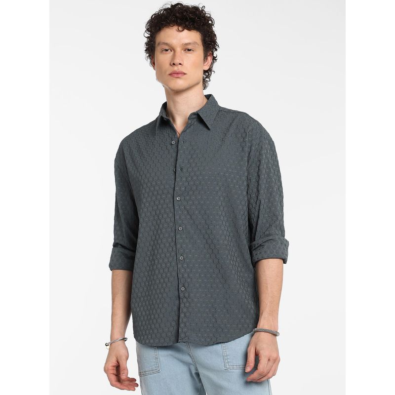 Campus Sutra Men's Charcoal Grey Honeycomb-Textured Oversized Shirt (XL)