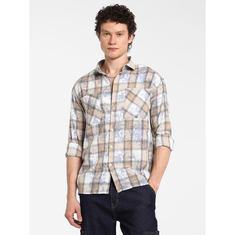 Campus Sutra Men's Light Beige and Off-White Plaid Oversized Shirt (M)