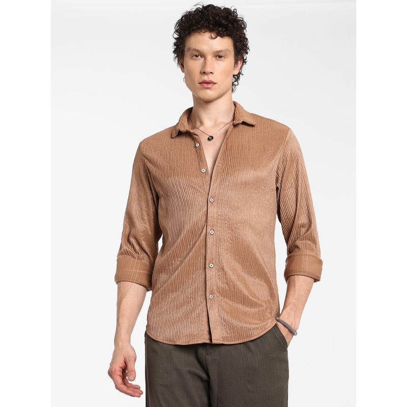 Campus Sutra Men's Camel Beige Solid Creased Shirt (S)