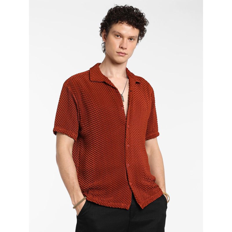 Campus Sutra Men's Terracotta Brown Puffy-Textured Shirt (S)