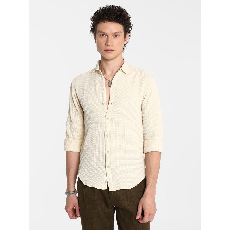 Campus Sutra Men's Ivory White Weave-Textured Shirt (M)