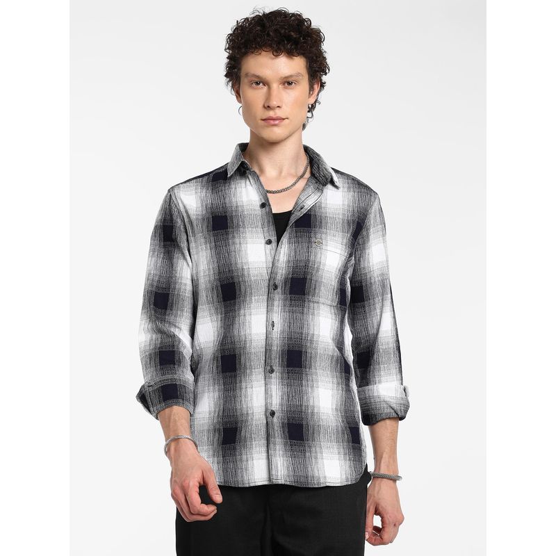 Campus Sutra Men's Charcoal Black and Ivory White Ombre Buffalo Check Shirt (L)