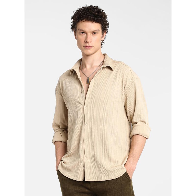 Campus Sutra Men's Light Beige Spear-Textured Shirt (M)