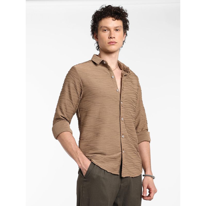 Campus Sutra Men's Mocha Brown Self-Design Wave Shirt (S)