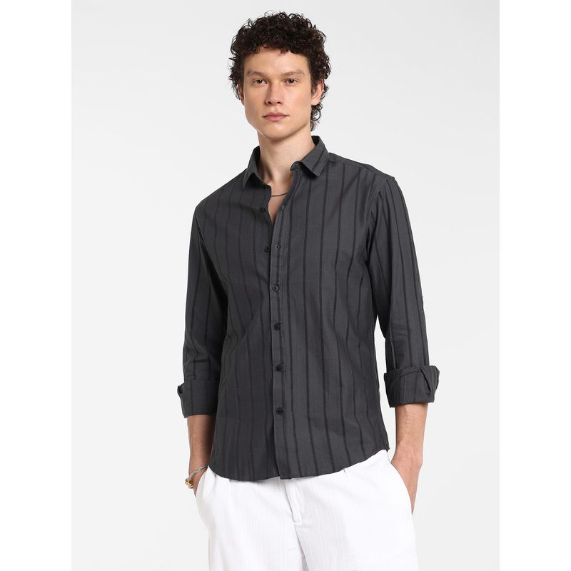 Campus Sutra Men's Charcoal Grey Pencil-Striped Shirt (XL)