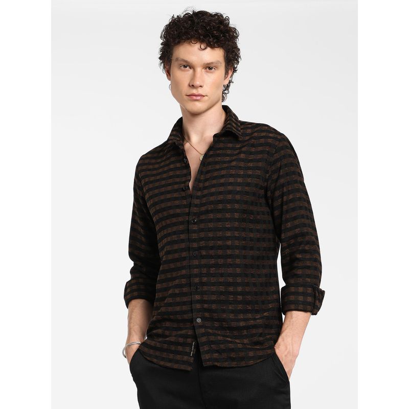 Campus Sutra Men's Chocolate Brown and Charcoal Black Gingham Shirt (M)