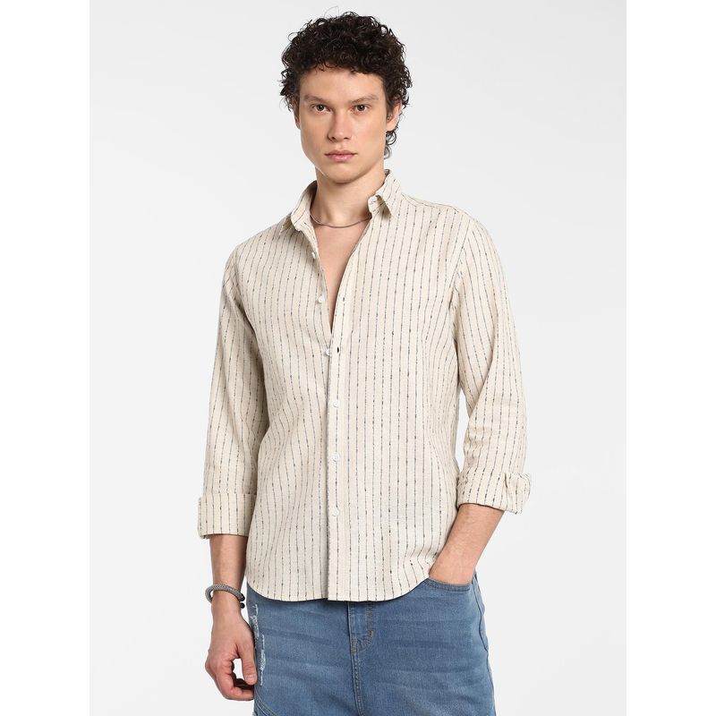 Campus Sutra Men's Canvas Beige Chalk-Striped Shirt (L)