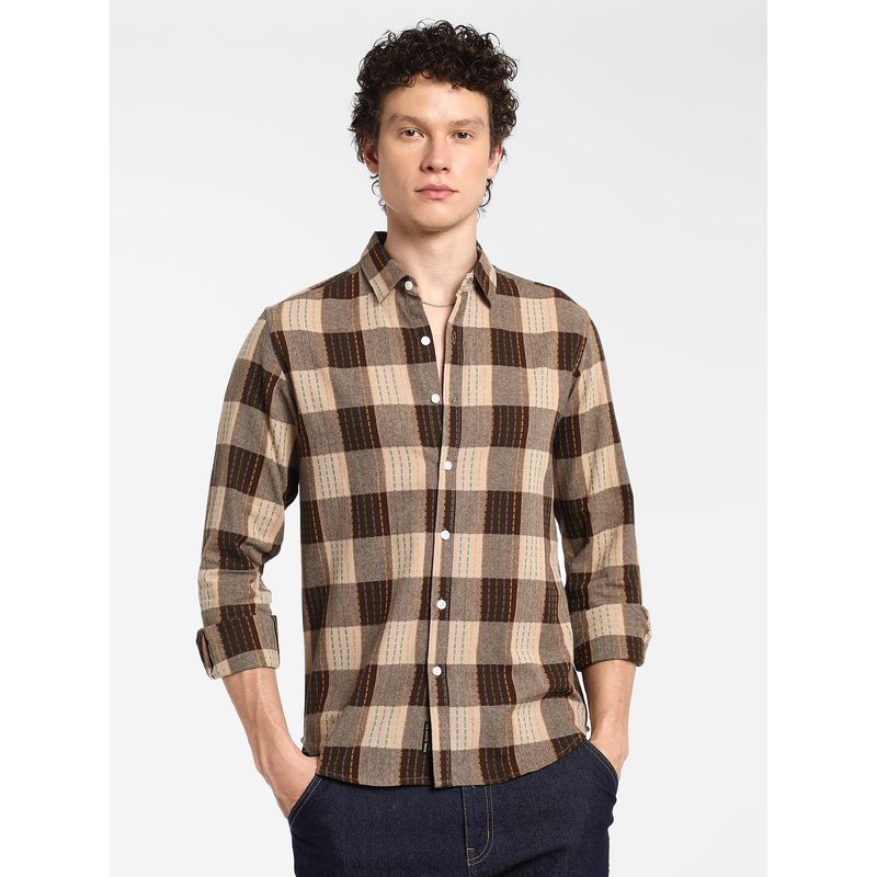 Campus Sutra Men's Chocolate Brown Chalk-Buffalo Check Shirt (S)