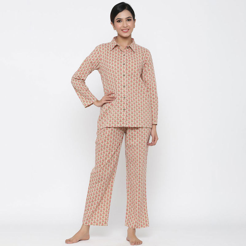 Jaipur Kurti Beige Floral Night Suit (Set of 2) (S)