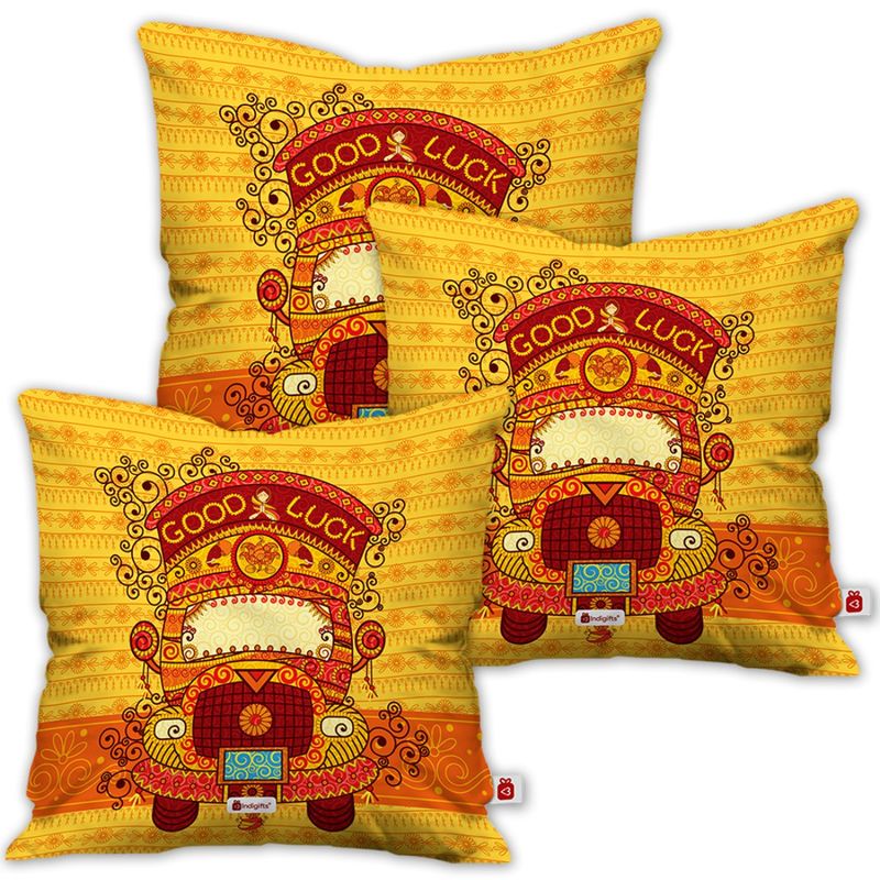 Buy Indigifts Good Luck Quote Golden Cushion Covers (Pack Of 3) Online