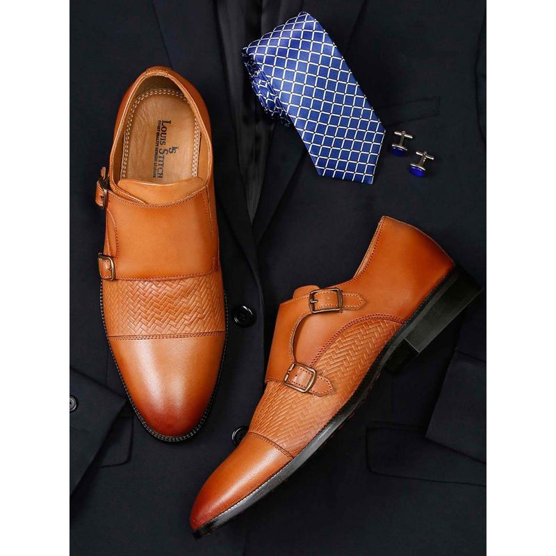 Louis Stitch Italian Handmade Tan Textured Formal Waived Monks Shoes for Men (UK 6)