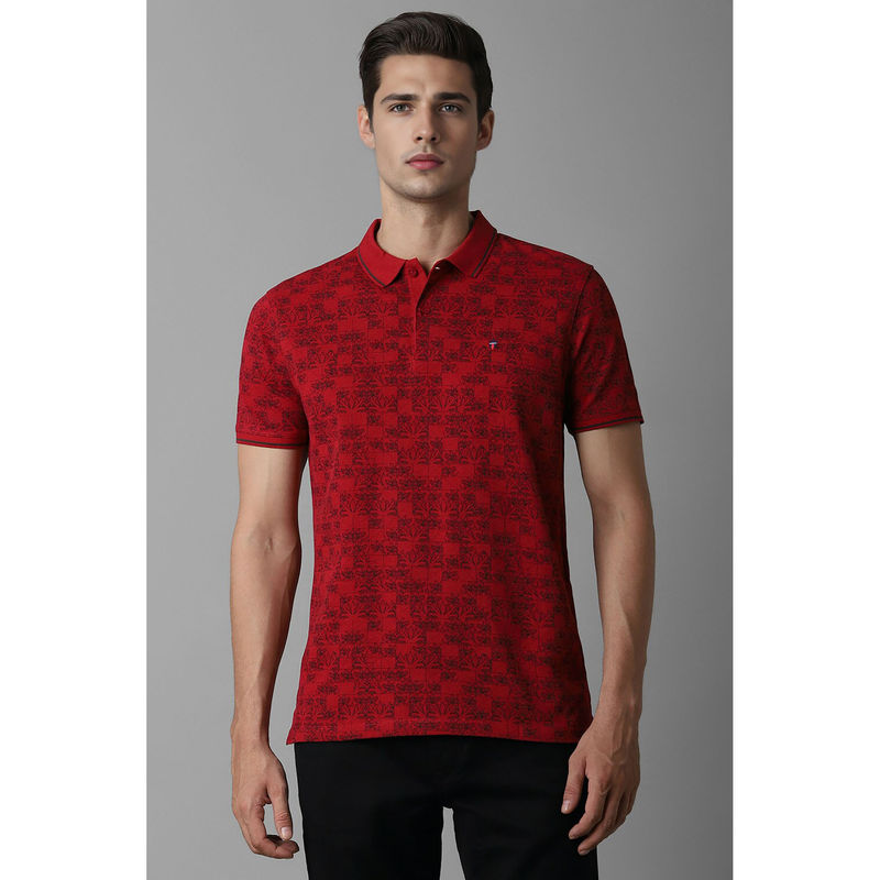 Louis Philippe Men Red Print Polo Neck T-Shirt (L)