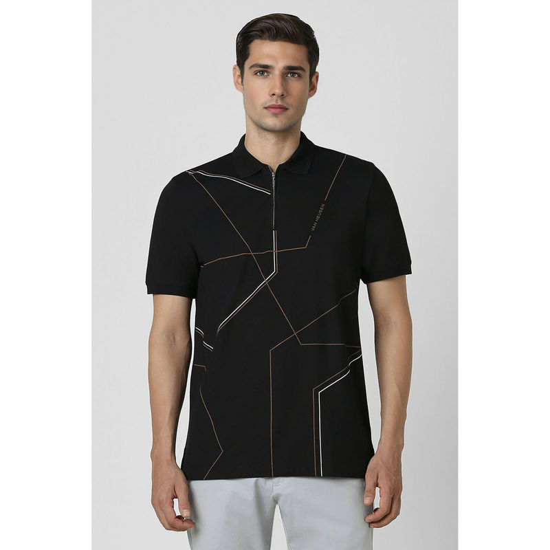 Van Heusen Men Black Print Polo Neck T-Shirt (M)