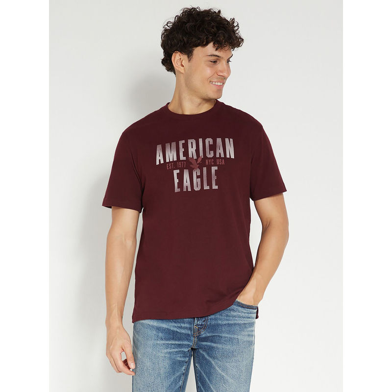 American Eagle Men Burgundy Logo Graphic T-Shirt (XS)