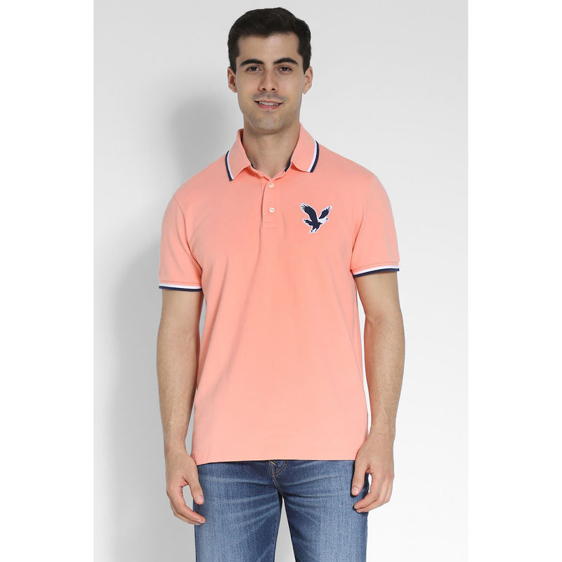 American Eagle Men Peach Logo Flex Pique Polo Shirt (XS)