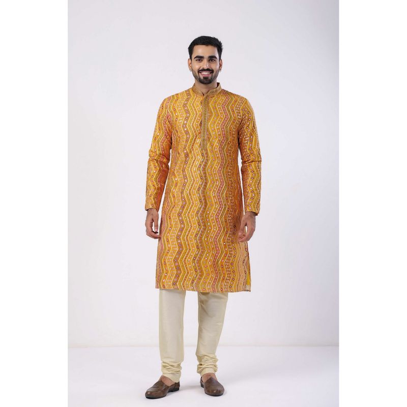 ETHNIC INDIA Leheriya Viscose Rayon Yellow Regular Straight Kurta (38)