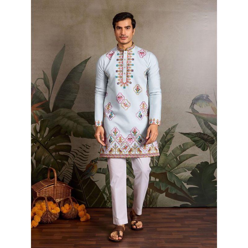 Odette Sky Blue Silk Blend Embroidered Stitched Kurta (L)
