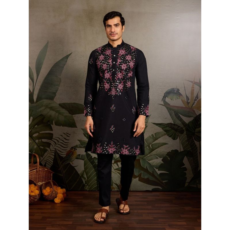 Odette Black Silk Blend Embroidered Stitched Black Men Kurta (XL)