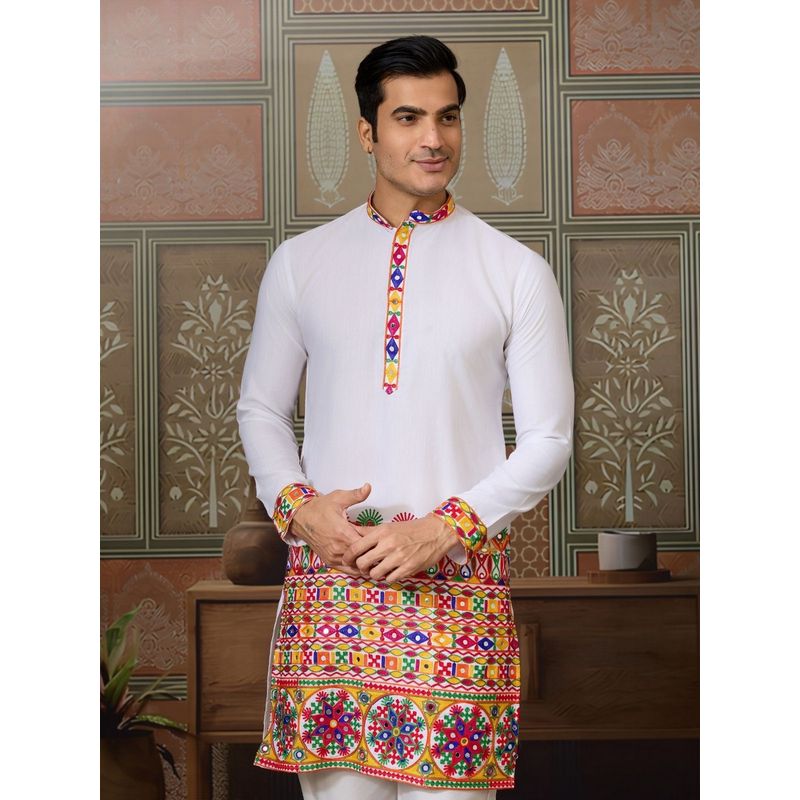 Odette White Cotton Blend Embroidered Stitched Kurta (2XL)