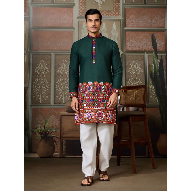 Odette Green Cotton Blend Embroidered Stitched Kurta (M)