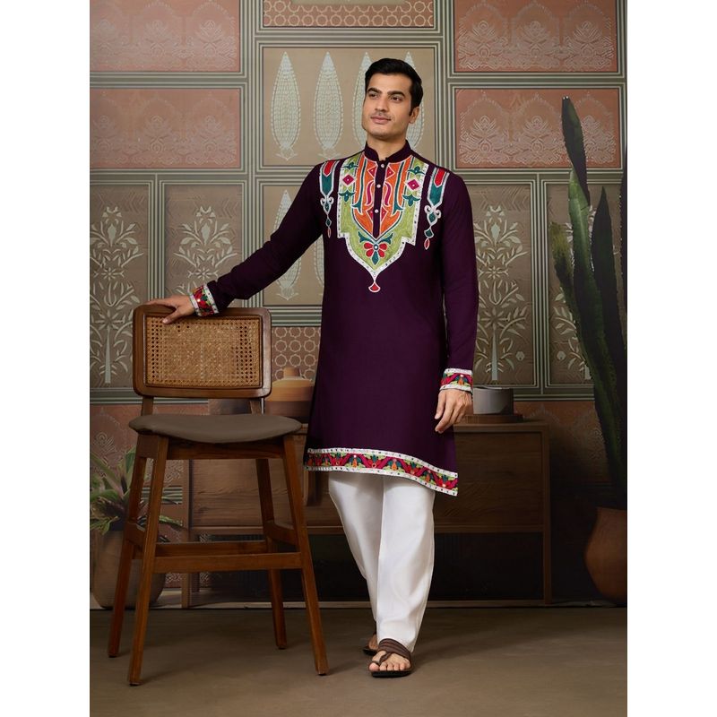 Odette Purple Silk Blend Embroidered Stitched Men Kurta (M)