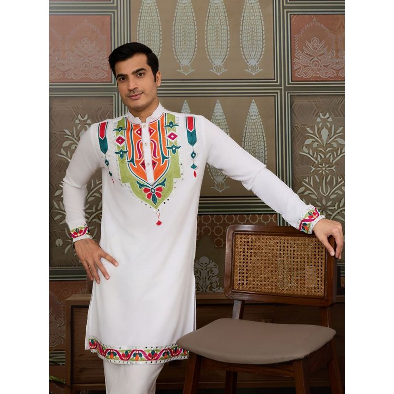 Odette White Silk Blend Embroidered Stitched Men Kurta (L)