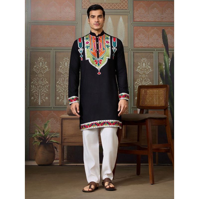 Odette Black Silk Blend Embroidered Stitched Men Kurta (L)