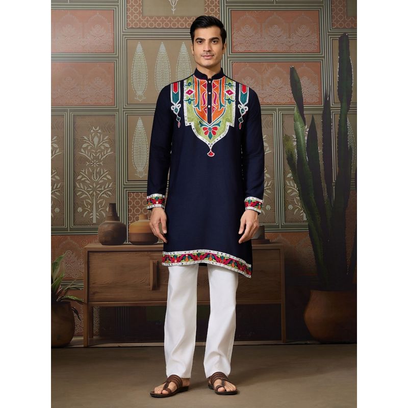 Odette Navy Blue Silk Blend Embroidered Stitched Men Kurta (M)