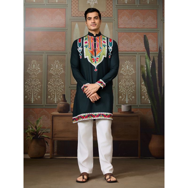 Odette Silk Blend Embroidered Stitched Green Men Kurta (M)