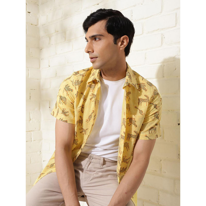 Fabindia Yellow Cotton Hand Block Printed Slim Fit Shirt (XL)
