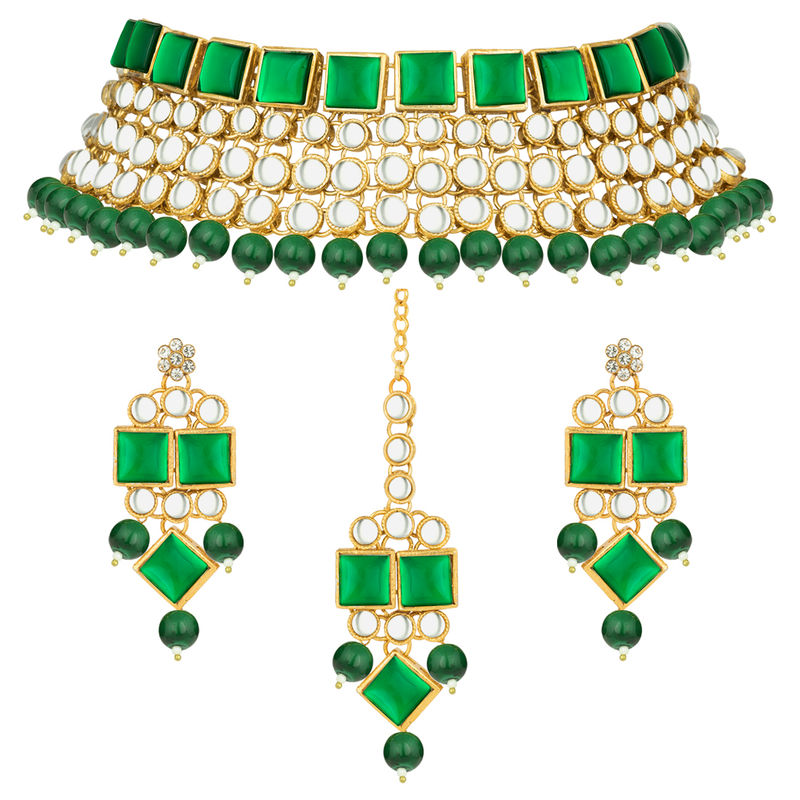 Peora Brass Green Collar Designer Gold Plated Necklaces Set For Women