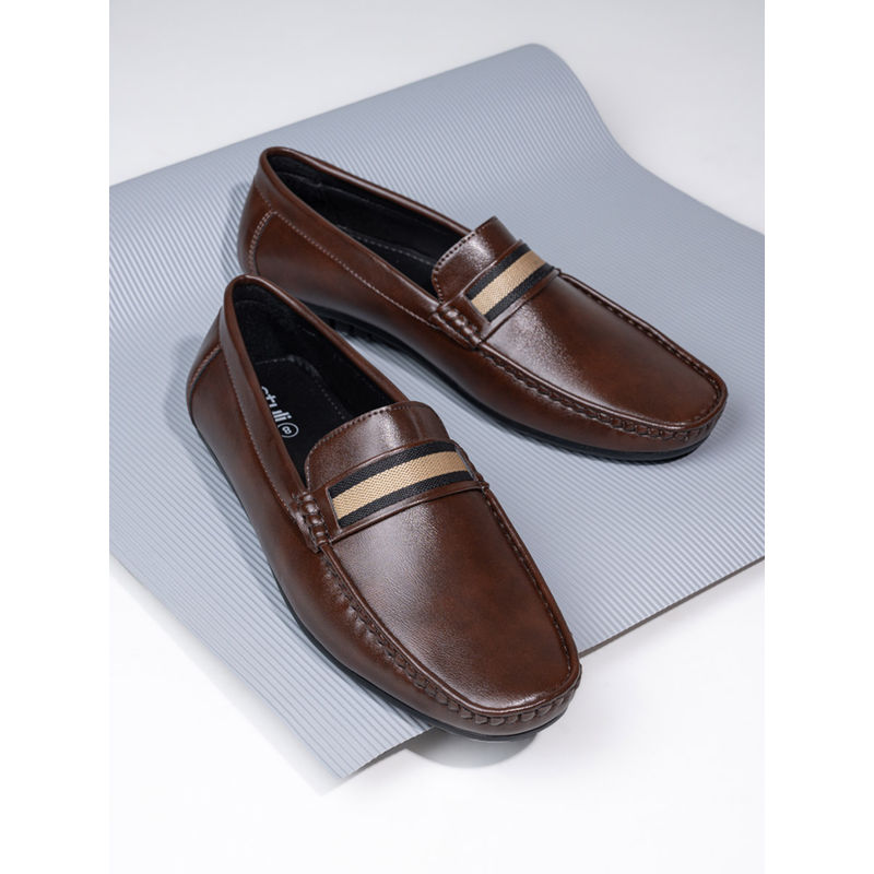 Styli Men Slip On Square Toe Single Band Loafers Brown (EURO 42)