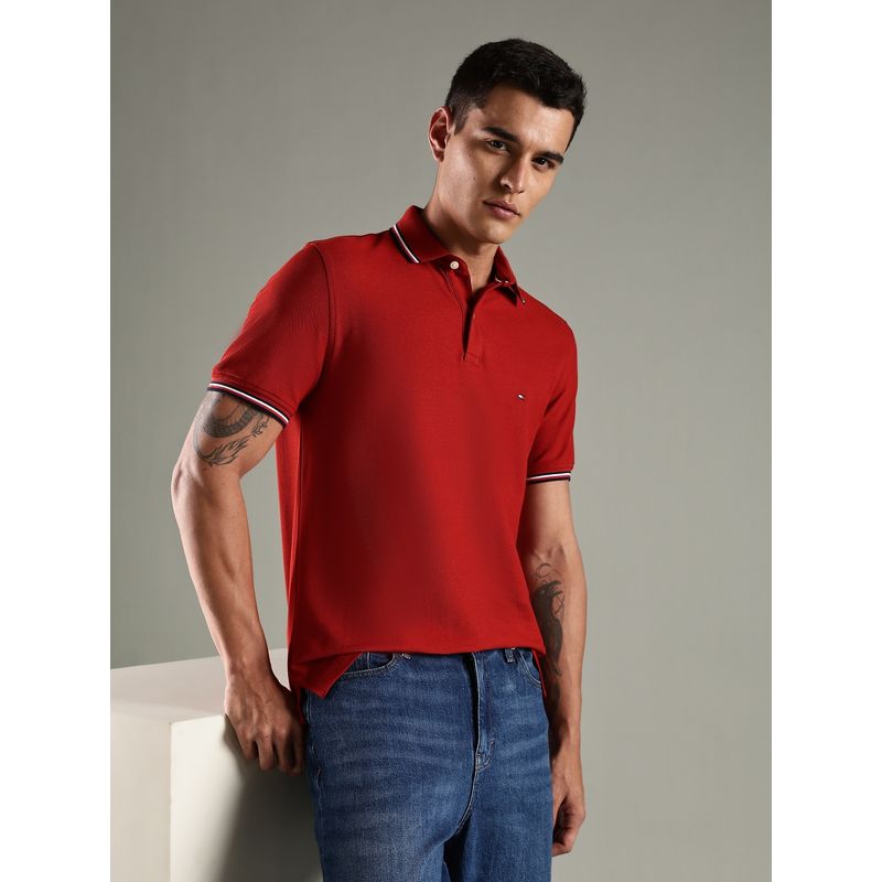 Tommy Hilfiger Red Solid Regular Fit Cotton Polo T-Shirt (S)