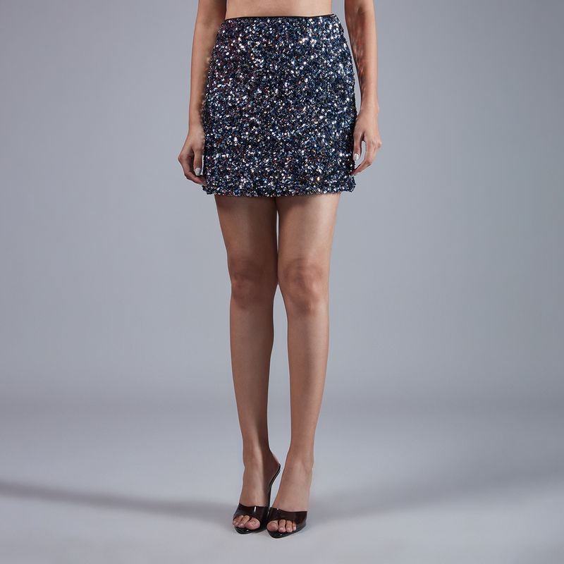 Twenty Dresses by Nykaa Fashion Black and Silver Sequined A Line Short Skirt (36)