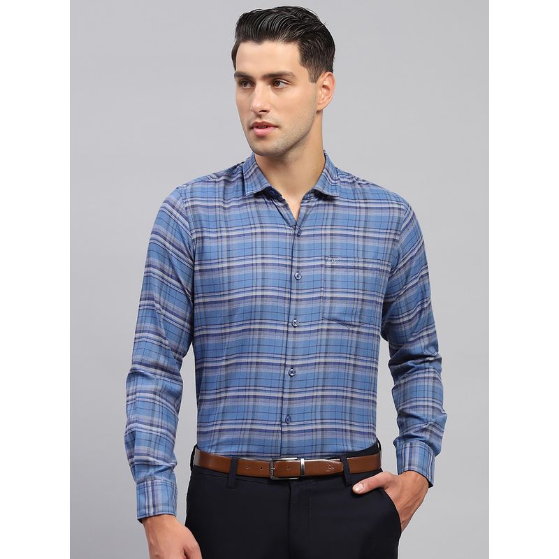 Monte Carlo Mens Blue Checkered Full Sleeve Casual Shirt (XL)