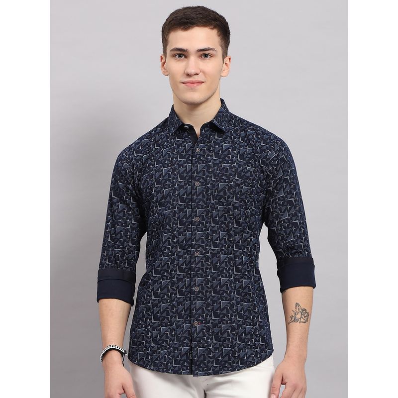 Monte Carlo Mens Navy Blue Printed Collared Neck Full Sleeve Shirt (2XL)