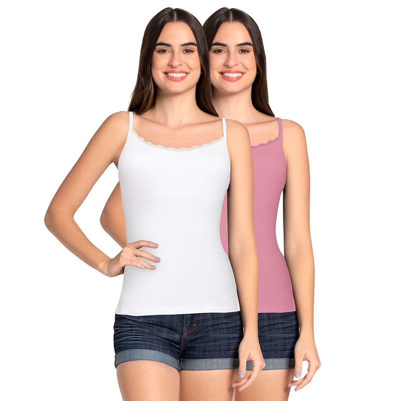 Amante Solid High Coverage Straight Neck Sleeveless Camisole - Multi-Color (Set of 2) (L)