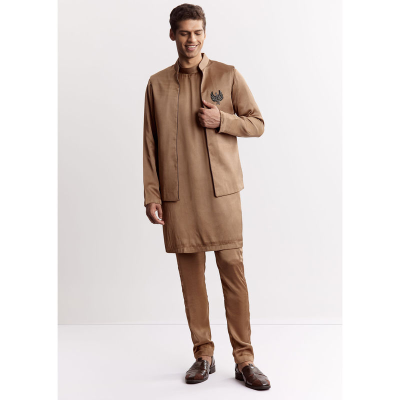 KALKI FASHION Brown Satin Metal Accents Kurta Jacket with Pant (XL)