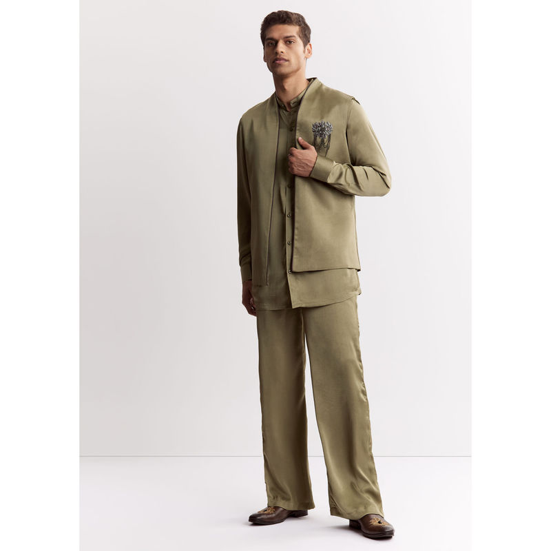 KALKI FASHION Olive Satin Embellishment Kurta Jacket with Pant (L)