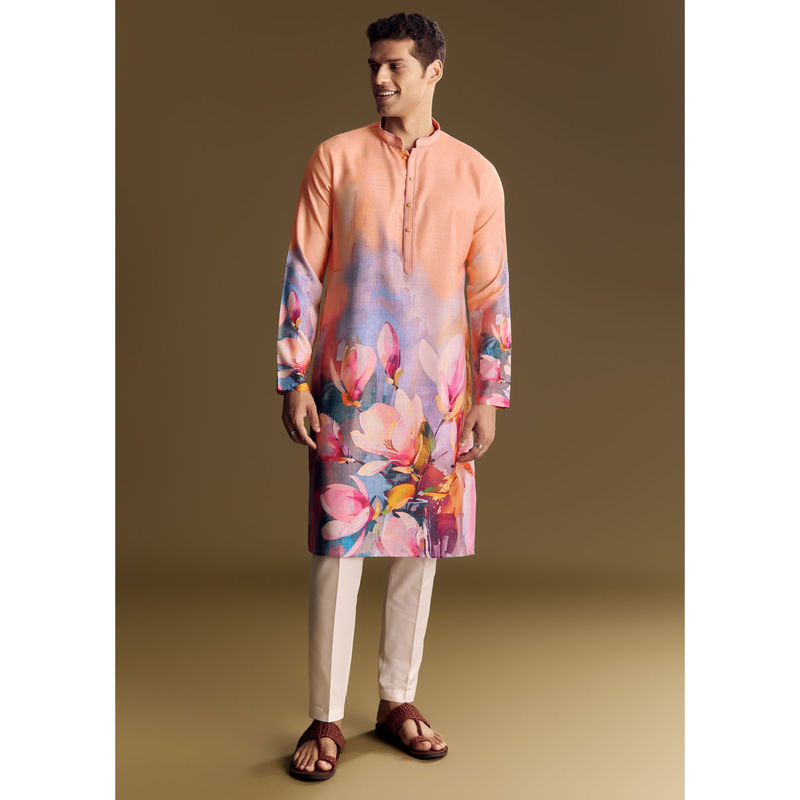KALKI FASHION Peach Floral Printed Linen Kurta with Pant (2XL)