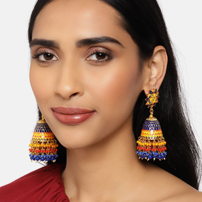 Zaveri Pearls Multicolor Meenakari Traditional Beaded Chain Fringe Jhumki Earring (ZPFK9989