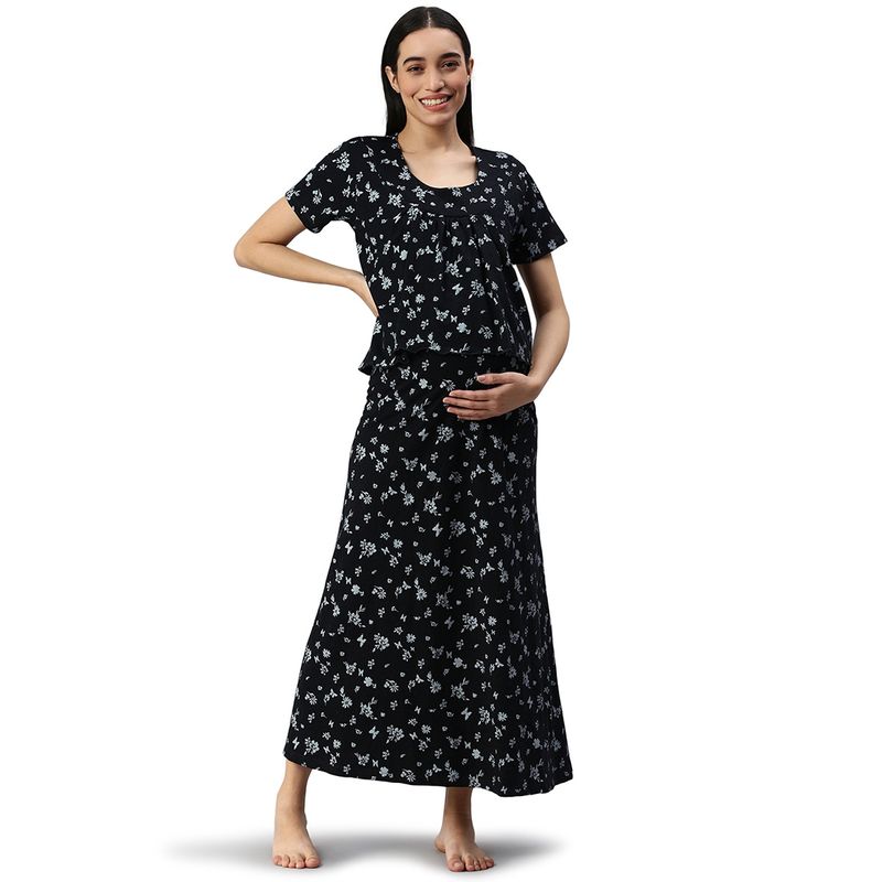 Nejo Feeding - Nursing Maternity Full Length Night Dress - Black (S)